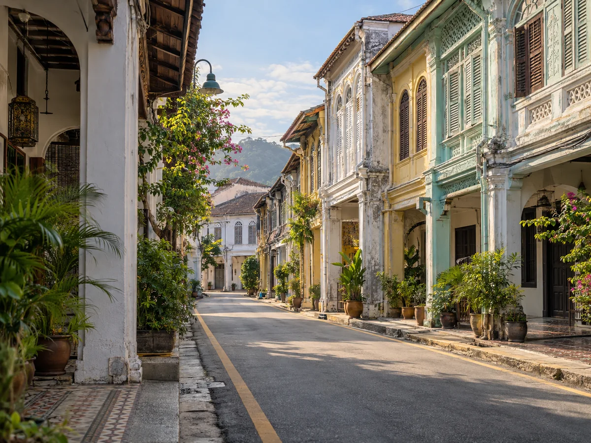 Heritage shophouses along a George Town street in Penang